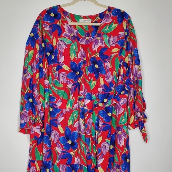 Skies Are Blue Floral Wrap Dress Size 2X Maxi Tiered Tie Sleeve Colorful Party - Picture 3 of 16